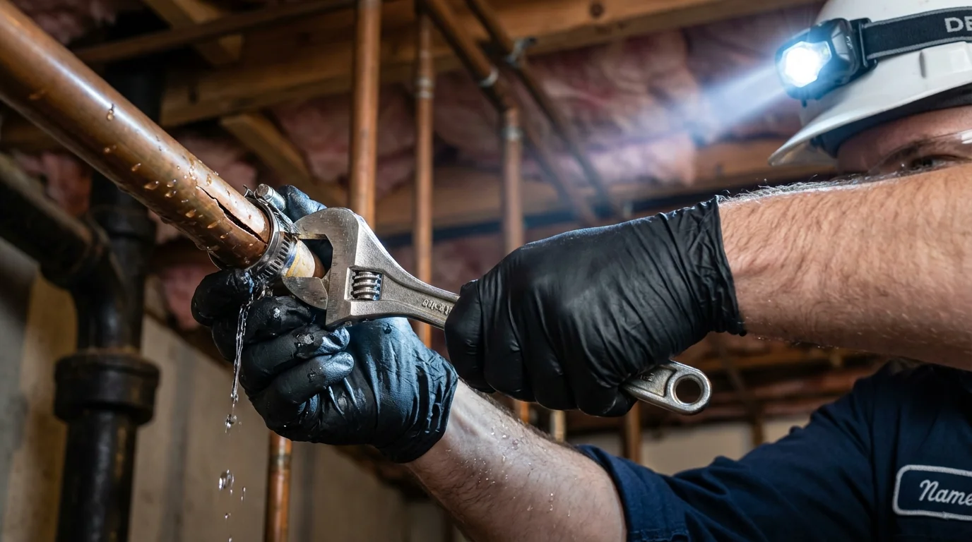 Emergency pipe clamp repair being performed by a Johns Plumbing LLC plumber in Burkesville