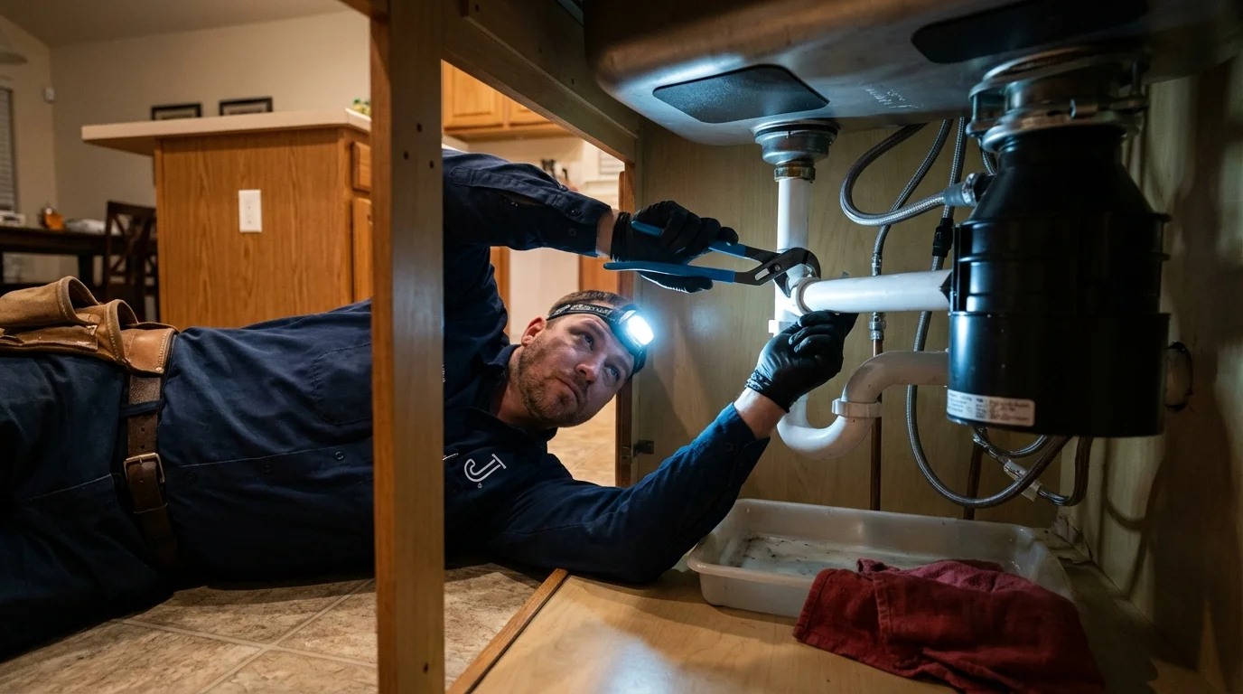 P-trap and supply line connections under a kitchen sink showing a common leak point in Burkesville, KY