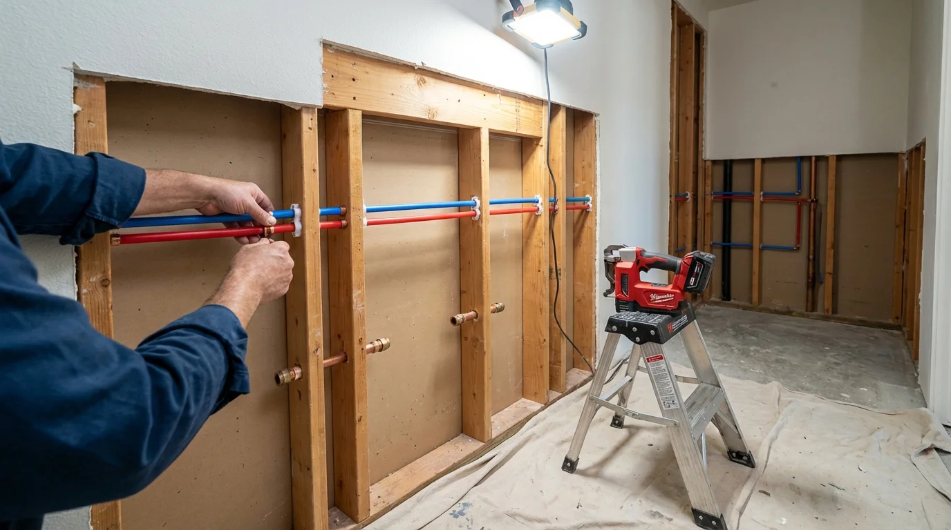 Old galvanized pipes being replaced with modern PEX piping during a whole-house repipe in Burkesville, KY